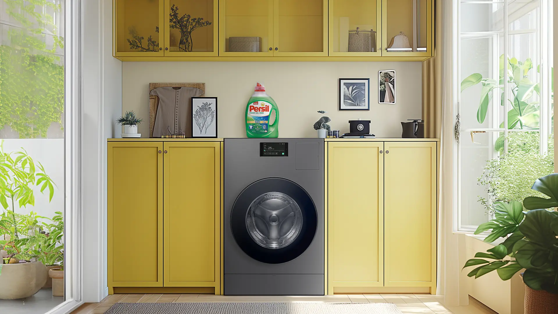 A Washing machine in the middle of a living room with Persil laundry detergent standing on top of it. 