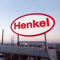 Henkel logo on a rooftop in Duesseldorf.