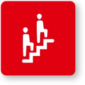 graphic of two people going up stairs on a red background