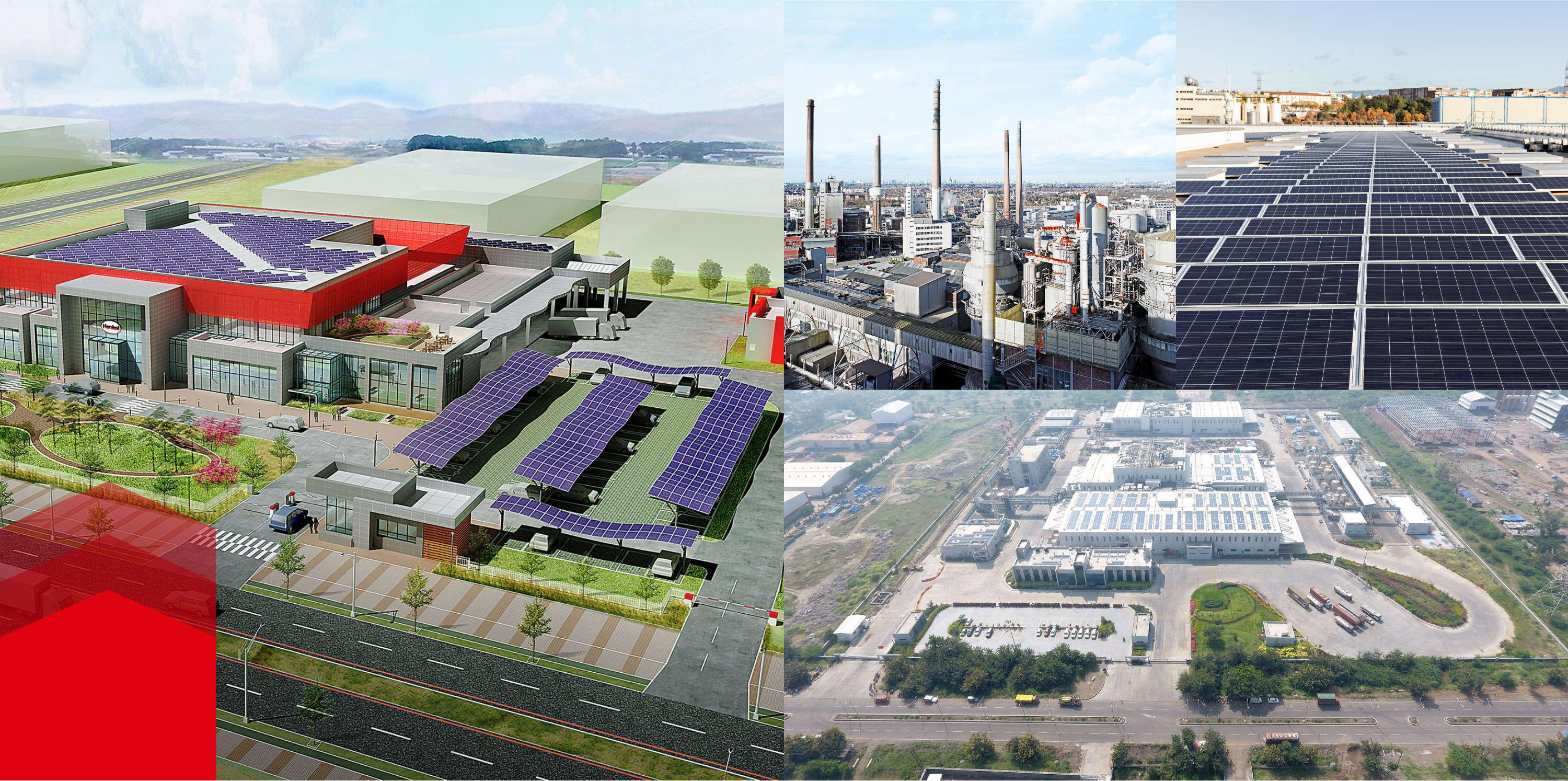 Collage of pictures of buildings with solar panels and large factories
