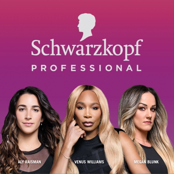 Three women in black shirts on a purple background under the logo for Schwarzkopf Professional