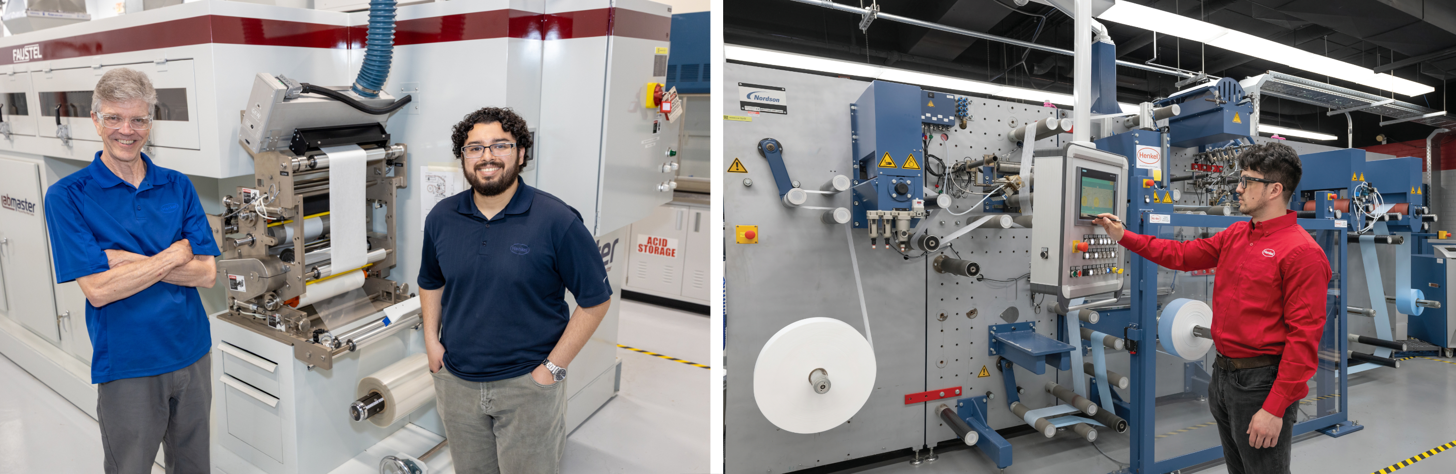 Left: Two employees stand beside a large industrial pilot coater with multiple rollers and white paper threaded to it. Right: A high-speed hotmelt laminator featuring multiple rollers, spools of material, and a central control panel with a touchscreen interface operated by an employee.