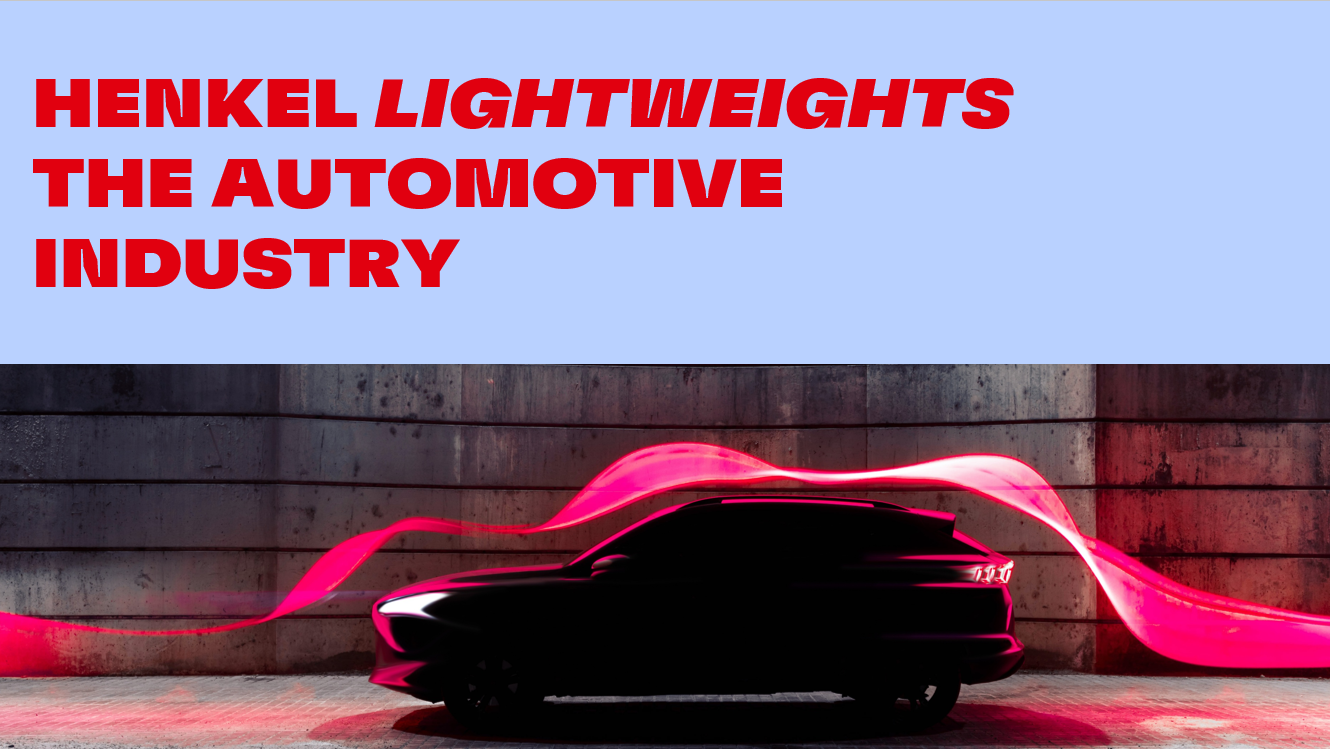 A car with futuristic red lights with the words “Henkel Lightweights the Automotive Industry”above.