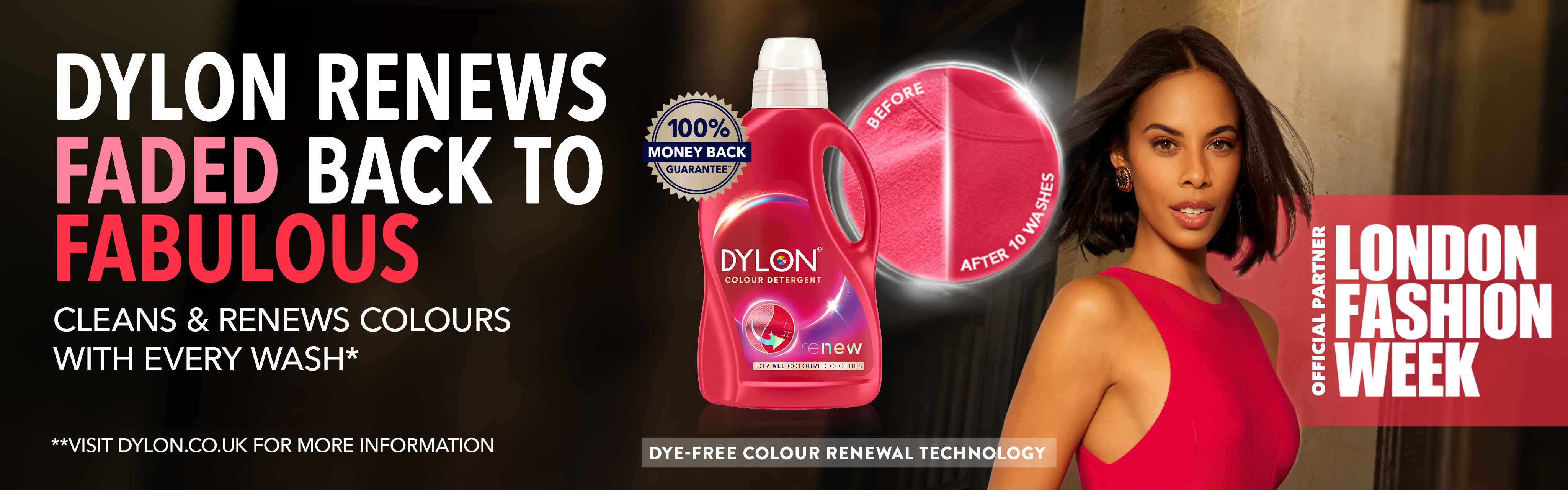 London Fashion Week 2025 Dylon banner with image of the detergent and close-up of washed clothing, describing renewal tech