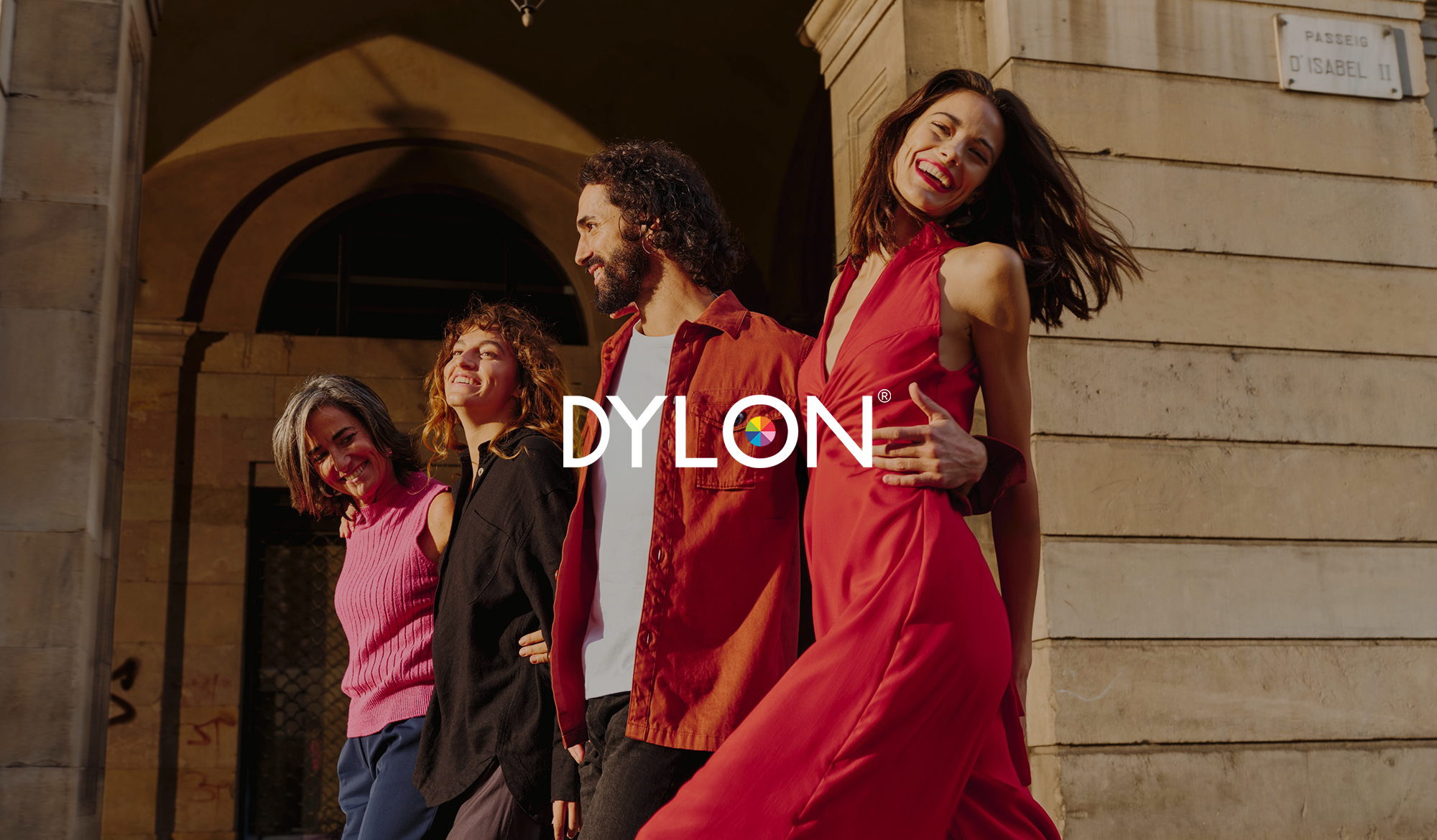 Dylon detergent teaser image with 4 people smiling in refreshed clothing