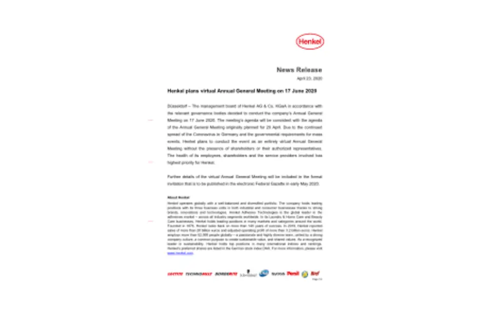 Henkel plans virtual Annual General Meeting on 17 June 2020