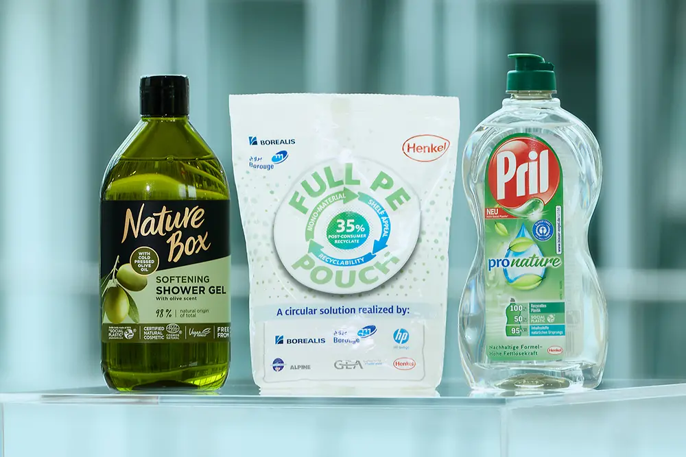 Three sustainable Henkel product packages