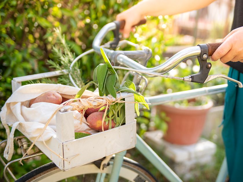 Bicycle with storage in a wooden box, with vegetables in the reusable cotton bag