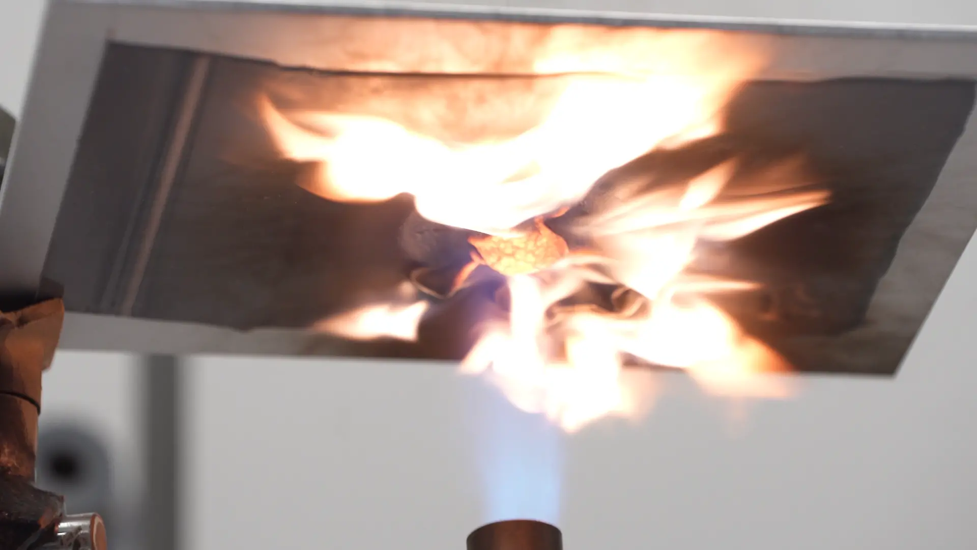 Image captured live during an open flame test; one of the testing methodologies that Henkel uses to test the performance of the fire protective coating products.