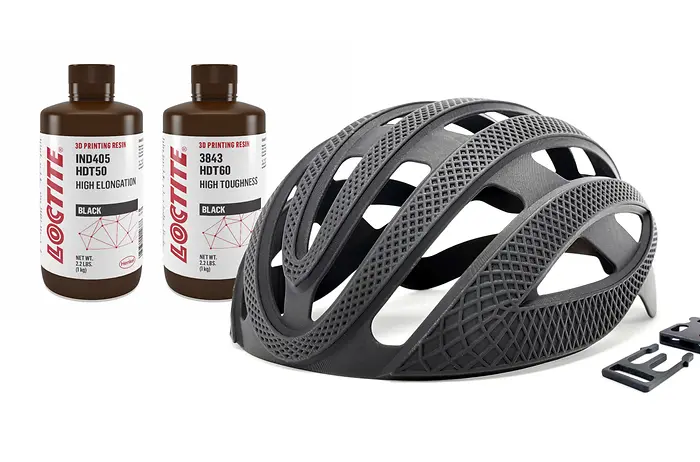 A helmet outer shell printed with Loctite 3D IND405 HDT50 High Elongation and a buckle printed with Loctite 3D 3843 HDT60 High Toughness