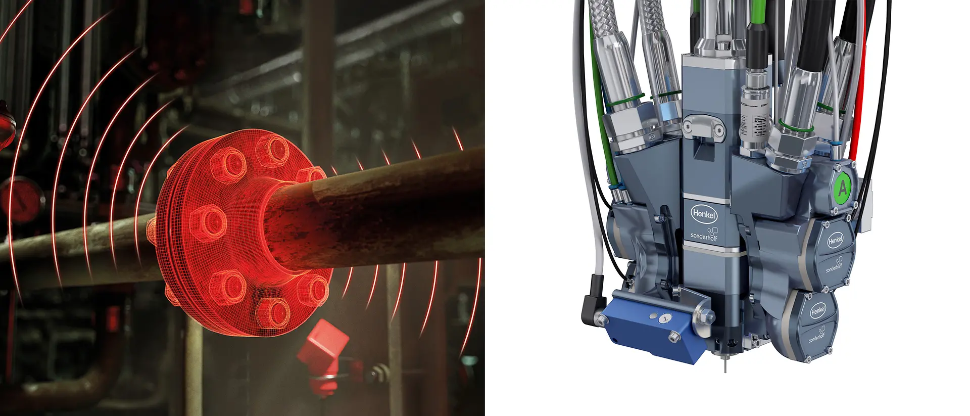A pipe leckage is monitored remotely digitally by the LOCTITE Pulse Smart Flange solution, shown in red.