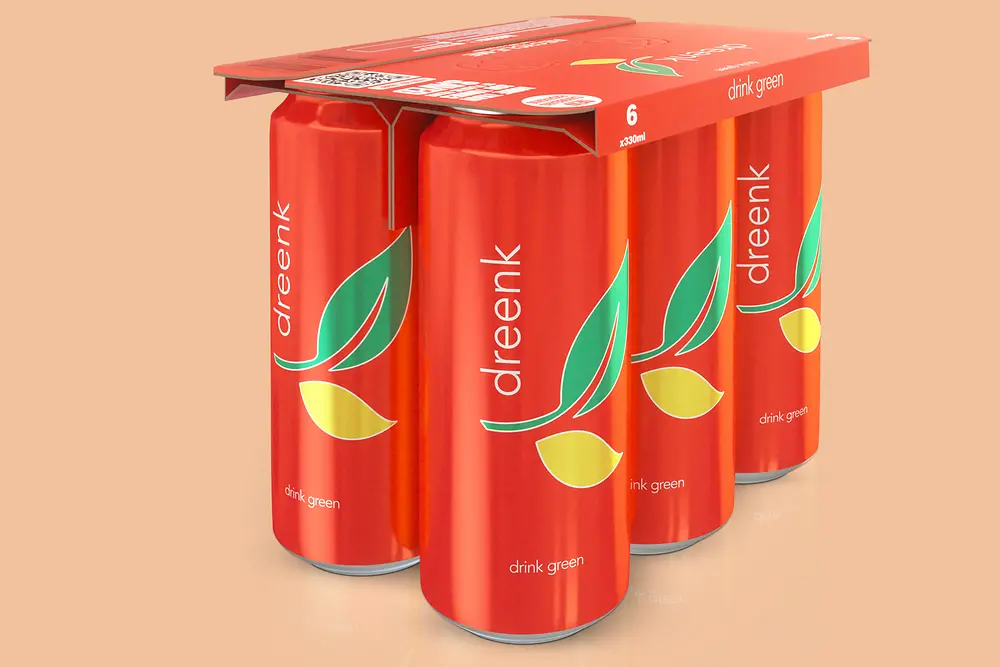 Six orange cans are being held together by a KeelClip. 