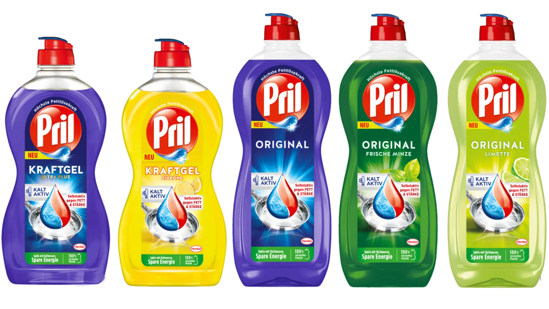 Five Pril dishwashing detergent bottles