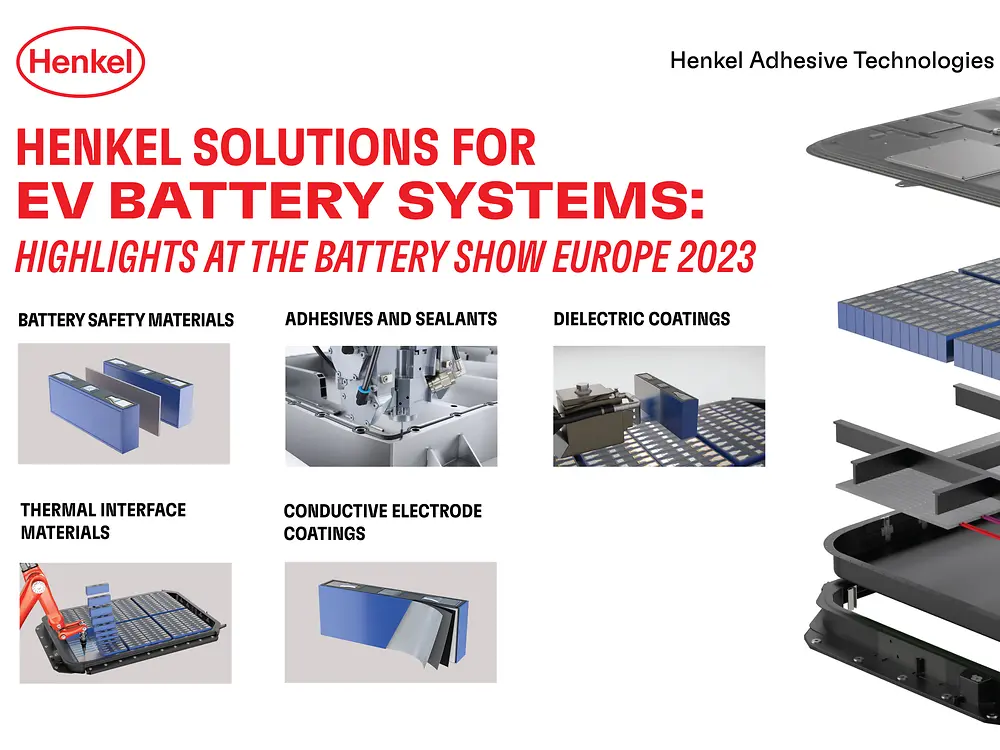 
Henkel presents comprehensive range of adhesives, coatings and thermal management solutions for EV battery systems at the Battery Show Europe 2023.