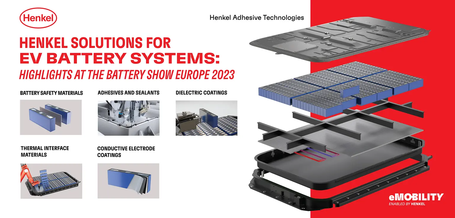 
Henkel presents comprehensive range of adhesives, coatings and thermal management solutions for EV battery systems at the Battery Show Europe 2023.