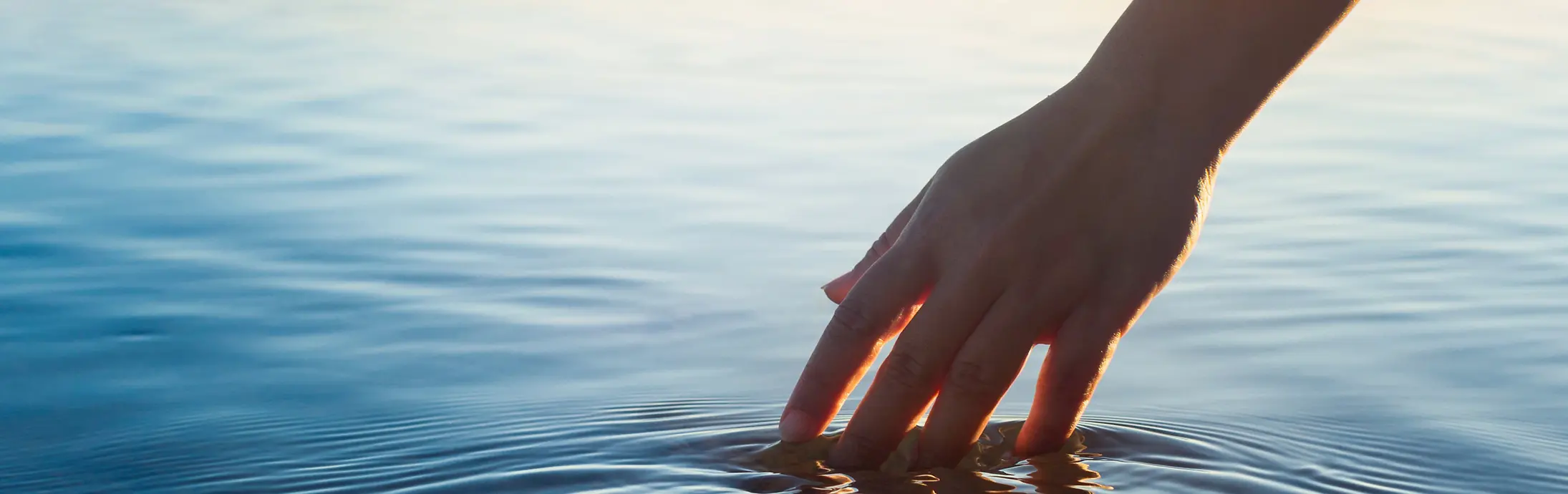 A hand strokes through a calm water surface in front of the horizon