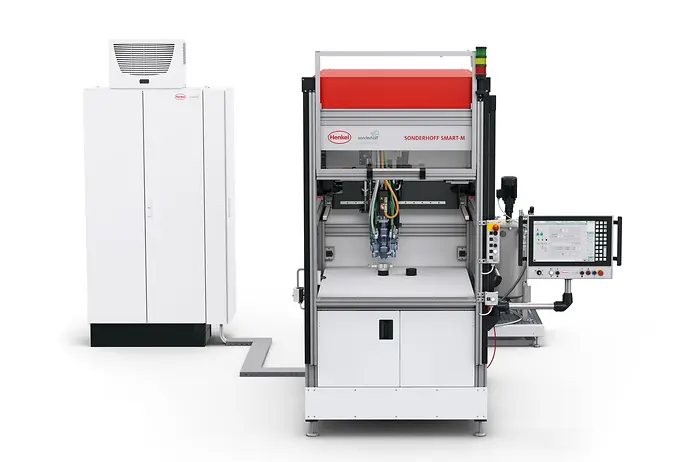 
Smart-M Dosing Cell with lifting door and MK 825 PRO mixing head in the version for two material components. Shown with optional Control 2 multi-touch operating panel.