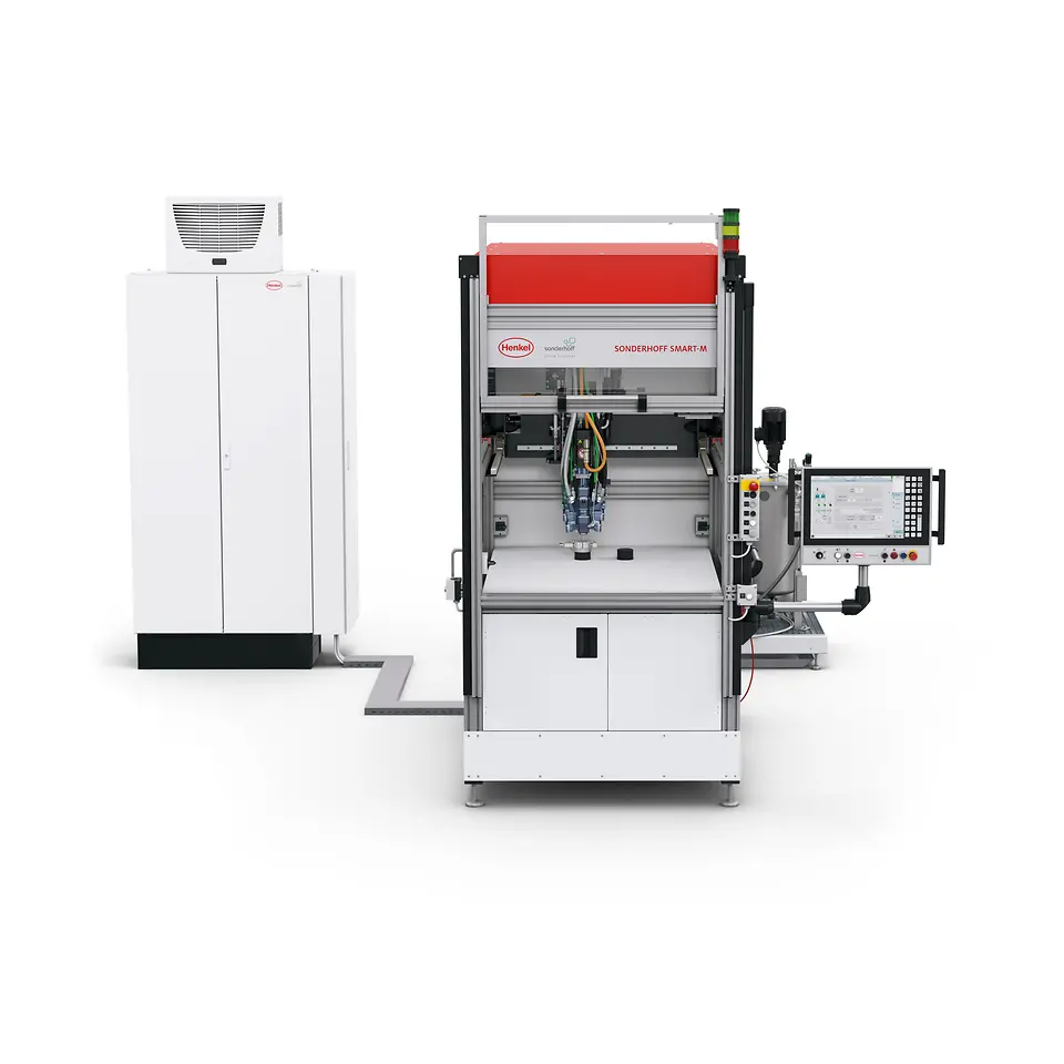 
Smart-M Dosing Cell with lifting door and MK 825 PRO mixing head in the version for two material components. Shown with optional Control 2 multi-touch operating panel.
