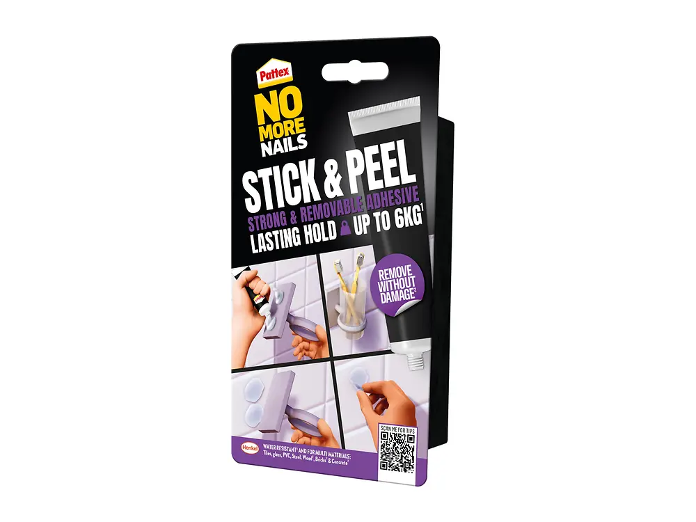 
Pattex No More Nails Stick & Peel is the first removable construction adhesive on the market, that holds a weight of up to 6 kilograms1 on different surfaces such as tile, glass or PVC and can be easily peeled off without any damage2.
