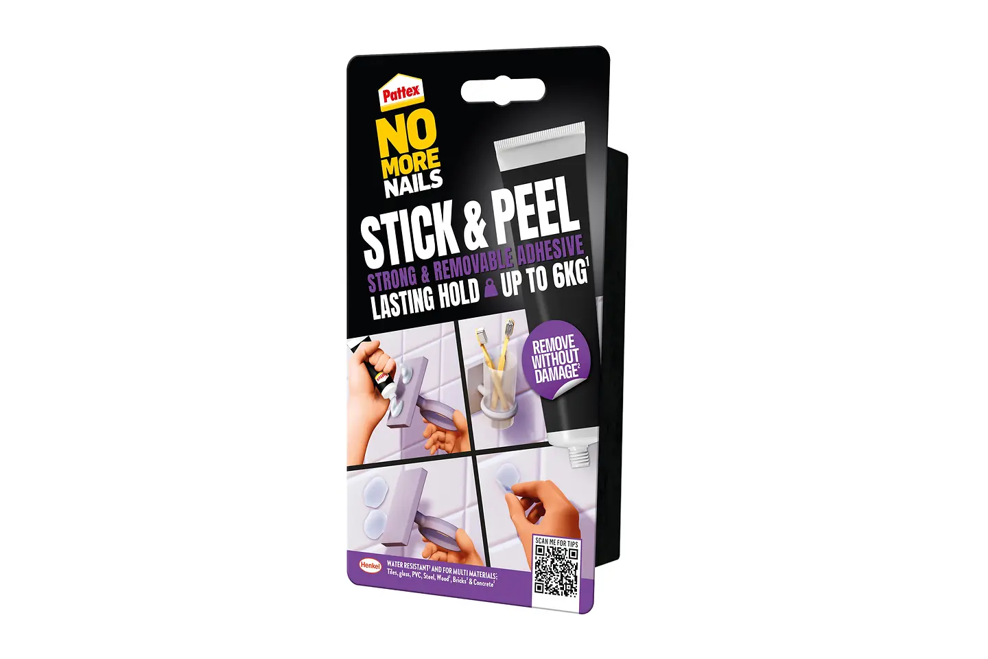 
Pattex No More Nails Stick & Peel is the first removable construction adhesive on the market, that holds a weight of up to 6 kilograms1 on different surfaces such as tile, glass or PVC and can be easily peeled off without any damage2.
