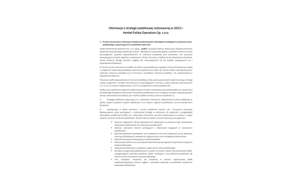 Informacja o strategii podatkowej realizowanej w 2023 r Henkel Polska Operations.pdfPreviewImage
