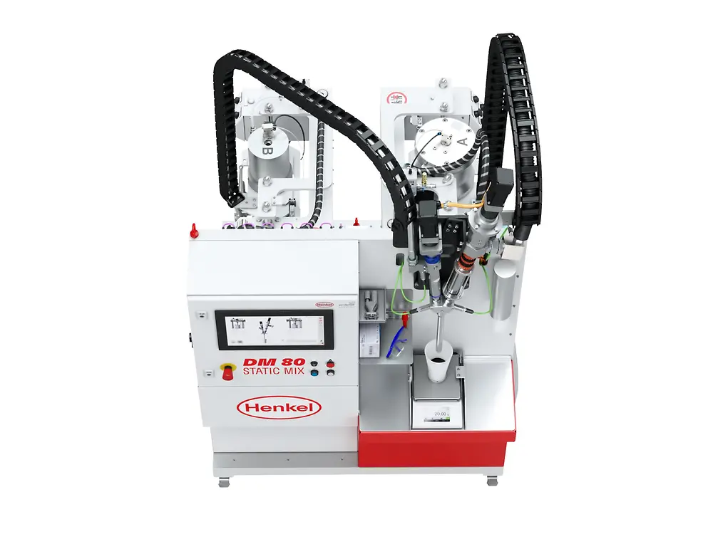 
The Sonderhoff DM80 Static Mix dispensing machine with mixing head and integrated precision scales for permanent check weighing during calibration and dosing.