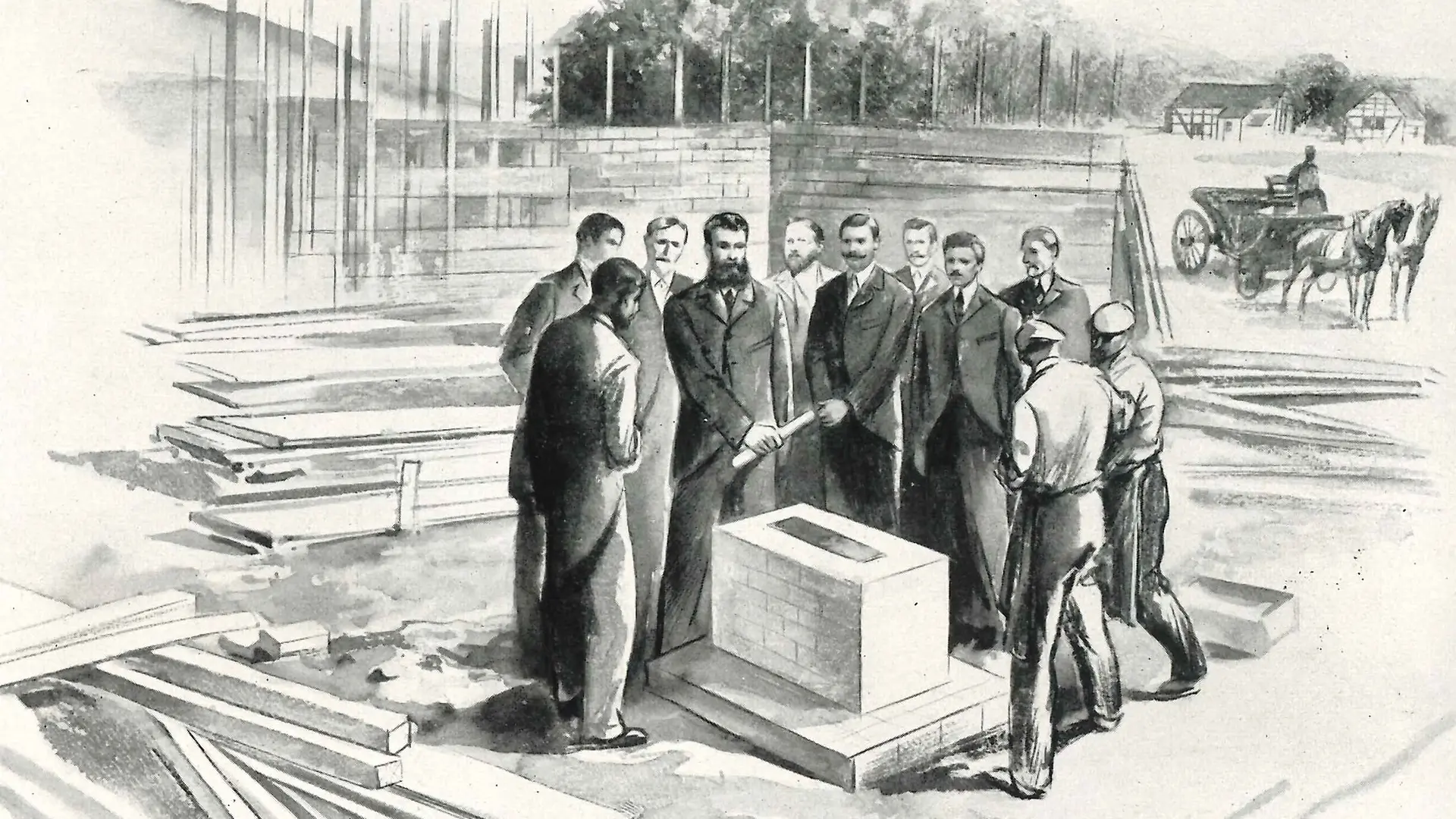A drawing shows the laying of the foundation stone for the Holthausen plant in 1899.