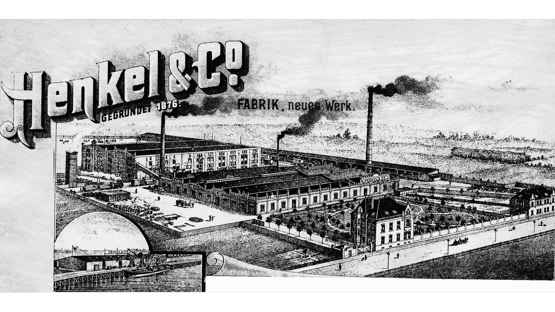 Henkel letterhead with a picture of the plant in Holthausen and a section of the Reisholz harbor in the lower left corner.