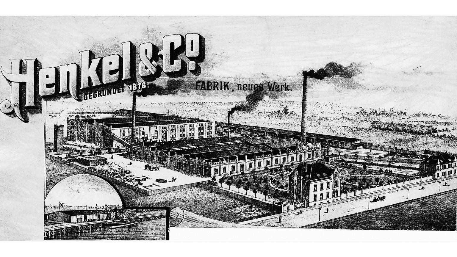 Henkel letterhead with a picture of the plant in Holthausen and a section of the Reisholz harbor in the lower left corner.