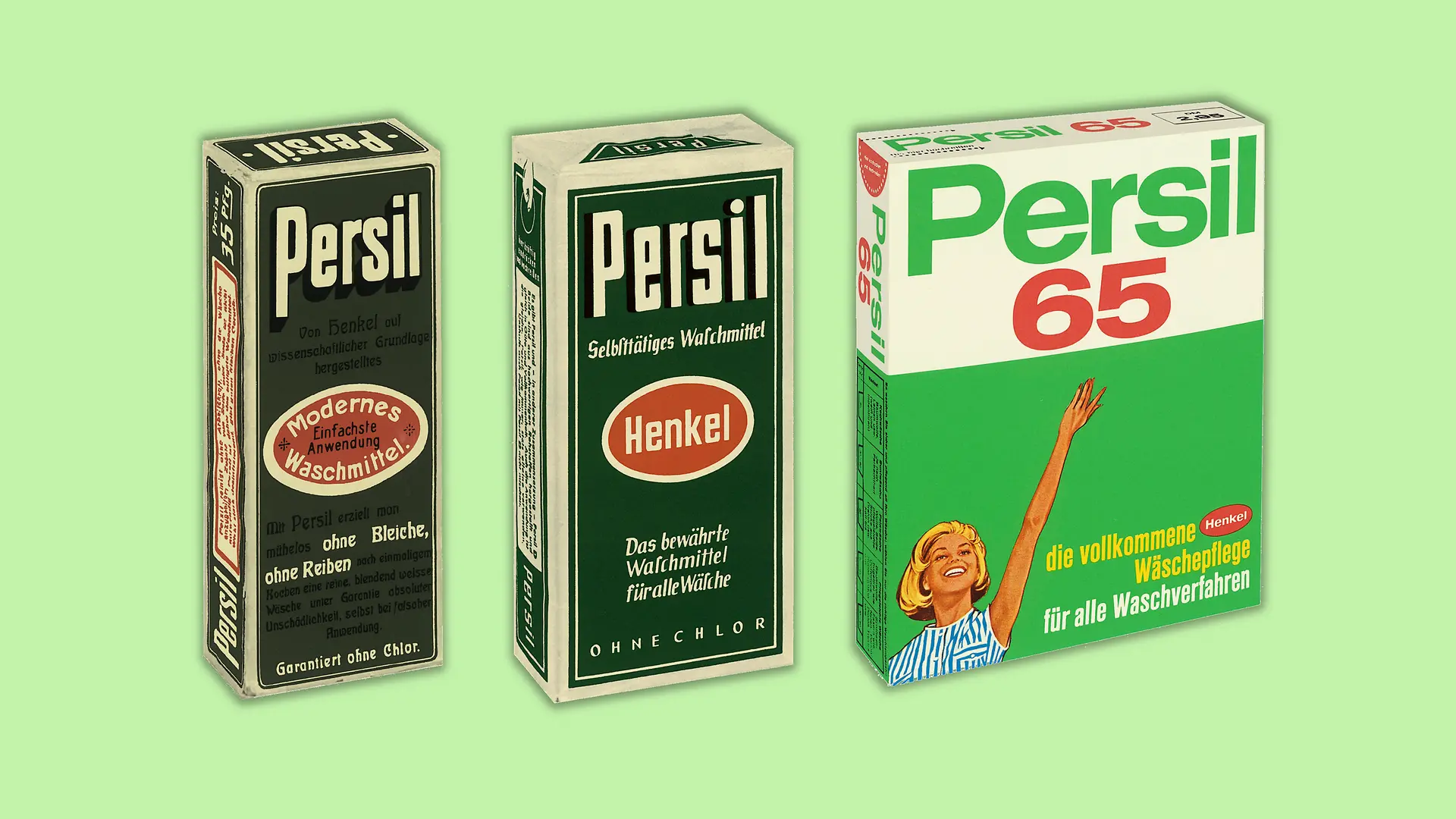 Collage with three different Persil packagings from different decades. The packaging is designed in the typical Persil green with white lettering. The Henkel red oval is placed in the center. Over time, the packaging becomes slightly wider, but the design does not change.