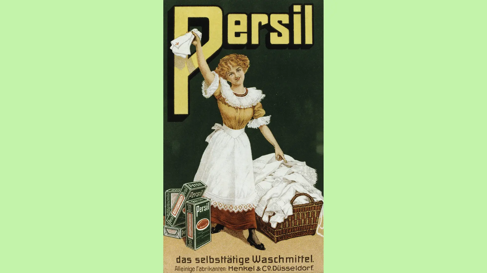 Advertising poster with a laundress and her laundry basket filled with white laundry. She raises her arm and waves a white handkerchief. Several Persil packets are placed next to the laundress.
