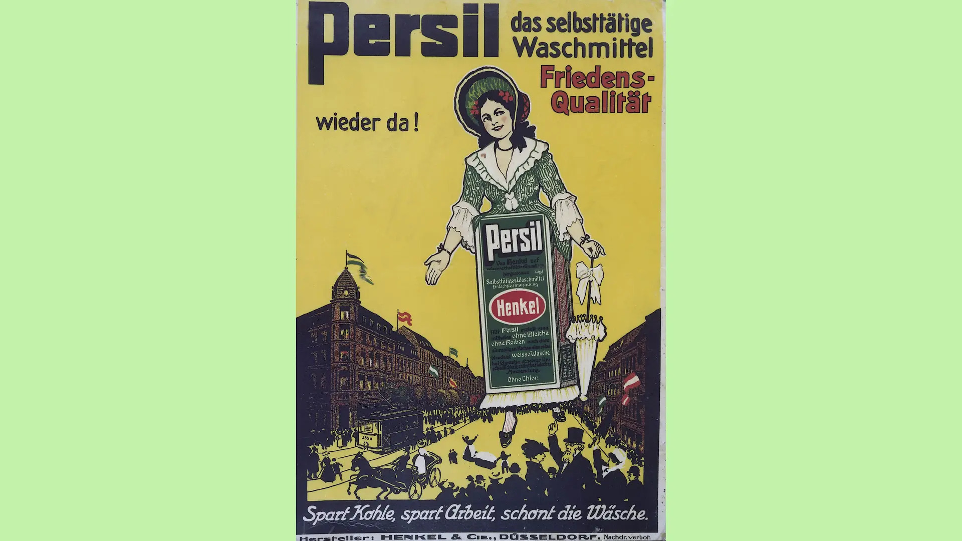 A Persil advertising poster celebrates the reintroduction of the product after the First World War.