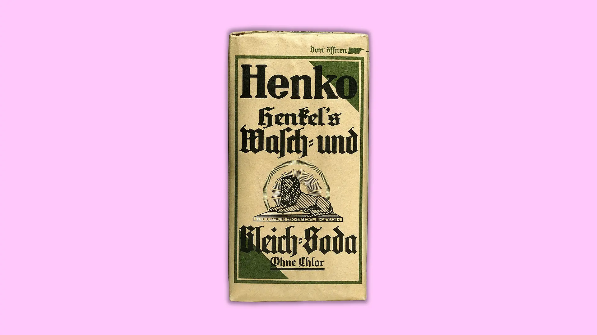 It shows the green and white packaging of the soaking powder Henko from the 1920s.