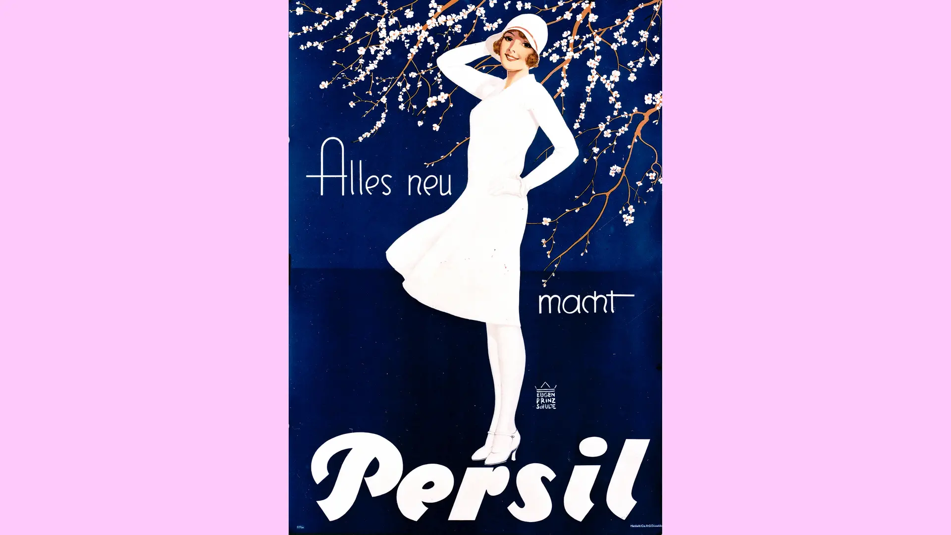 The White Lady against a dark blue background with cherry blossoms and the slogan “Alles neu macht Persil