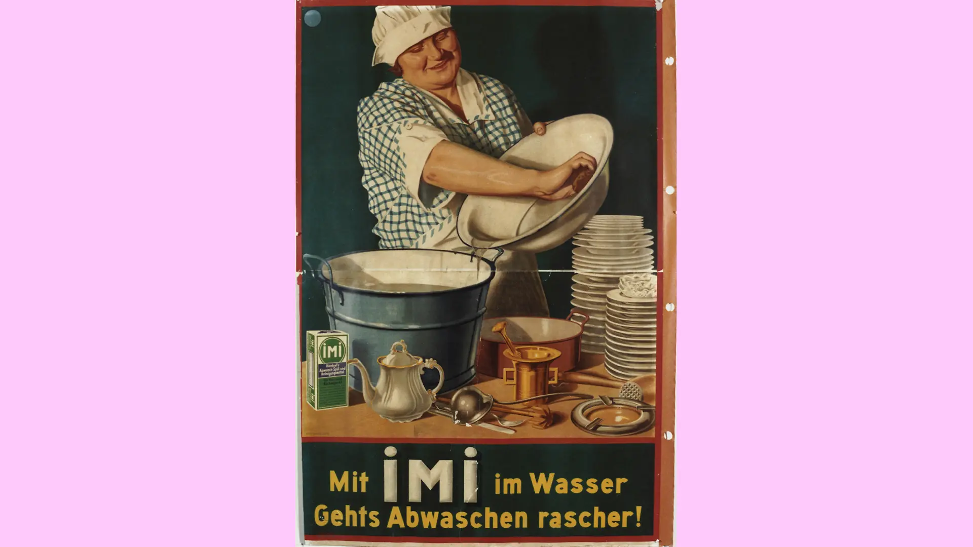 Advertising poster for Imi dishwashing detergent with a smiling woman washing dishes. An Imi pack is placed in front of the dishes.