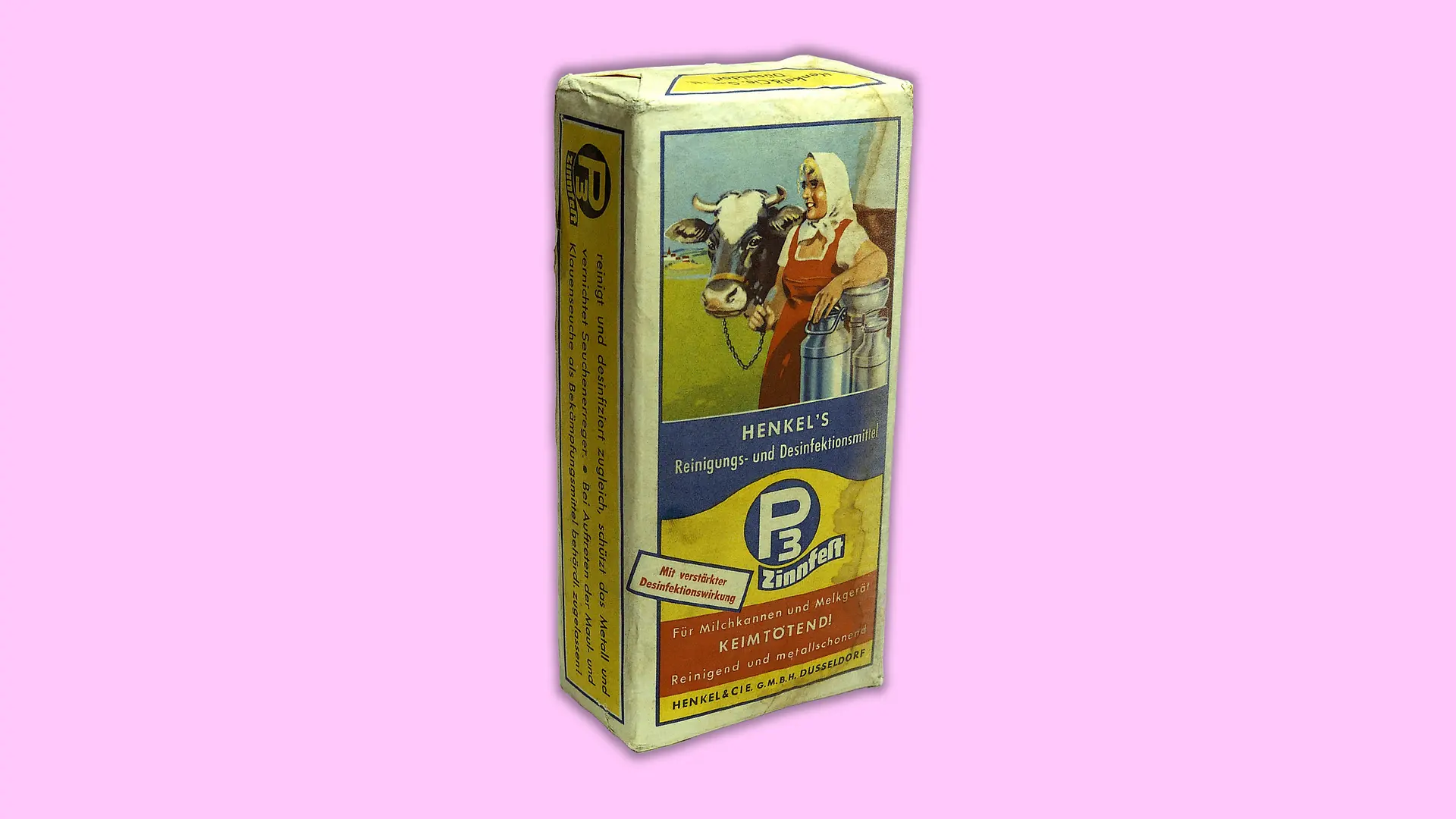 A packaging of the industrial cleaner P3 with a colorful picture of a woman and a cow.