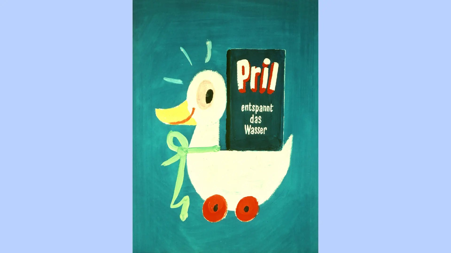 A drawing of the iconic Pril duck, wearing a green ribbon around its neck. A Pril package with the words “entspannt das Wasser” (“softens the water”) is placed on the duck’s back. The duck looks at the package sideways with a happy expression.