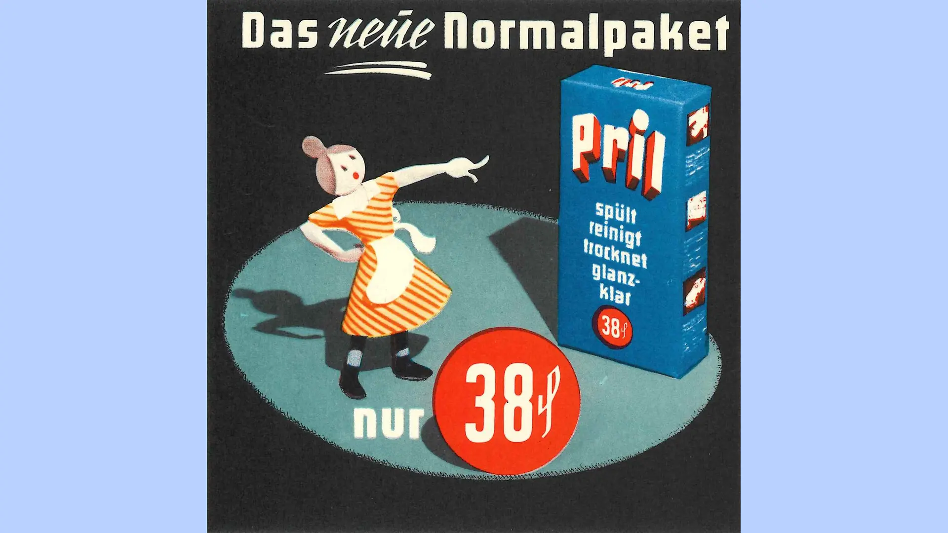 Drawn advertising poster with a Pril pack in a spotlight. A woman in a yellow and red striped dress is placed in front of the packet, pointing at the Pril packet with a surprised expression on her face and an outstretched finger. At the top is the inscription “Das neue Normalpaket” (“The new normal pack”) and further down “nur 38 Pfennig” (“Only 38 pfennigs”).