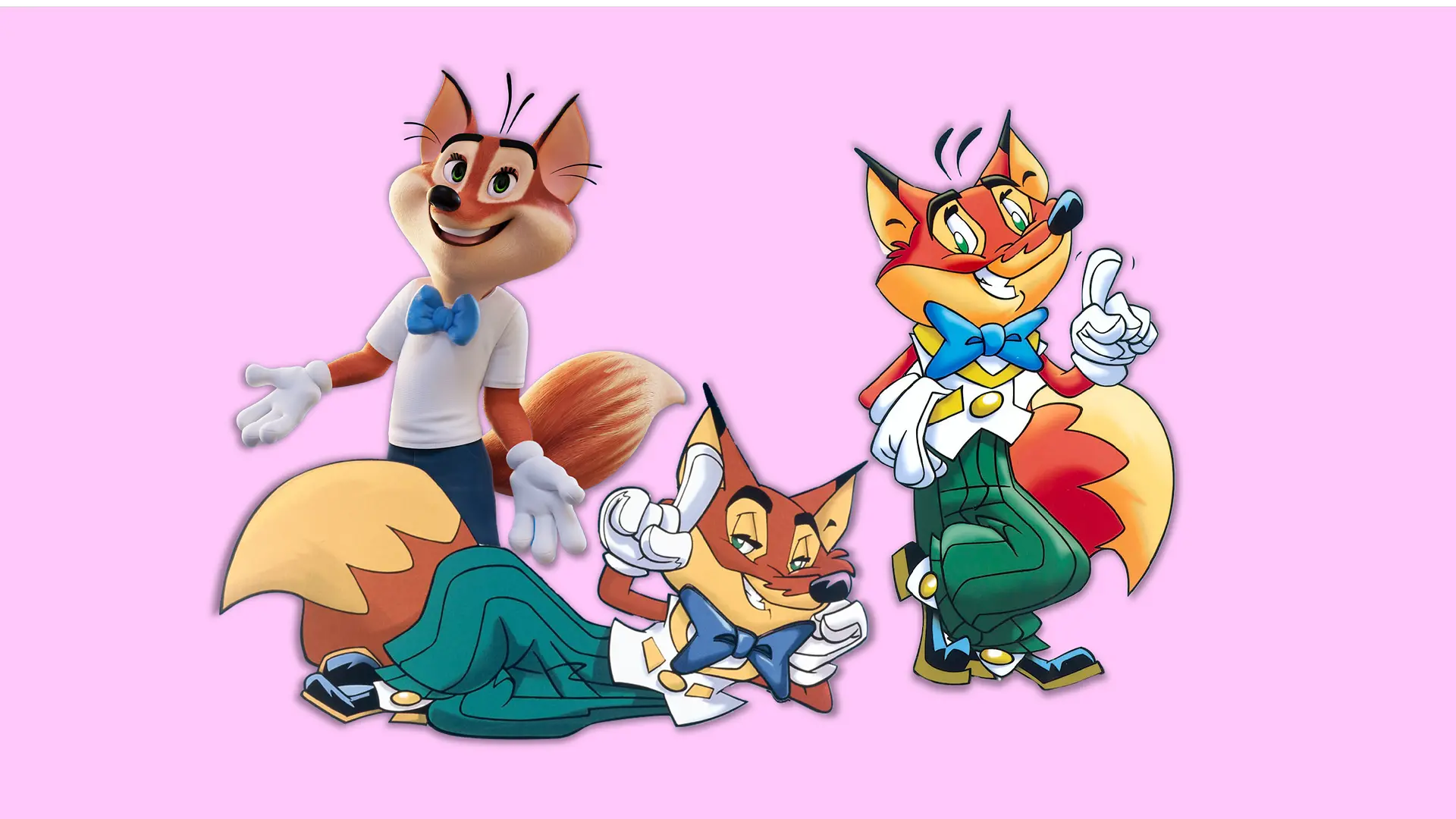 A collage depicting three generations of the well-known Spee fox advertising figure. The 1998 Spee fox lies on the floor, cheekily raising its index finger in the air. Above him, on the left, is the current Spee fox, from 2024. On the right is the Spee fox from 2003. All three reddish-brown foxes wear a white top and blue bow tie as their trademark.