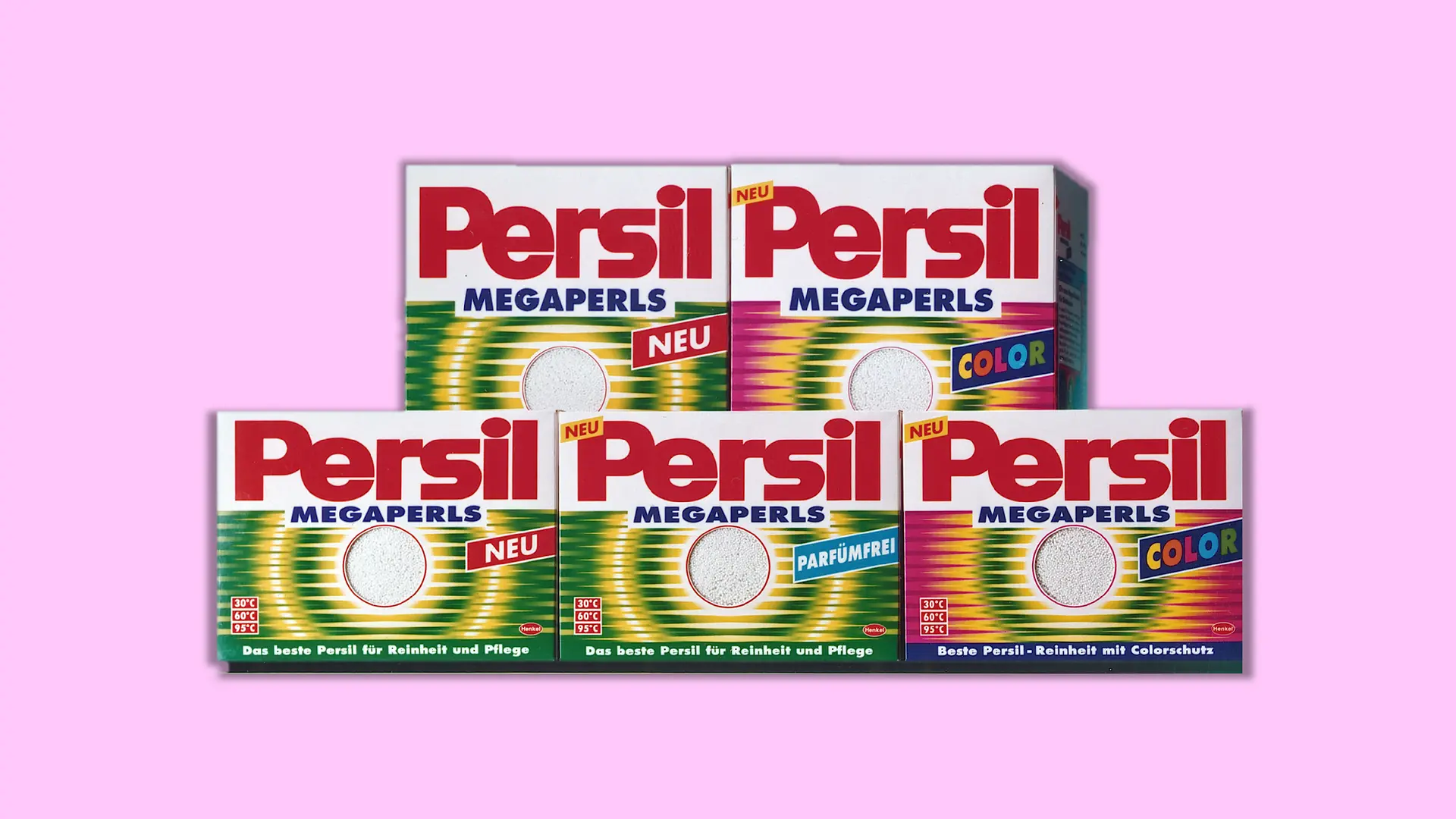 Five packs of Persil Megaperls are arranged in a pyramid. The products depicted are Megaperls Colour (red and green packaging), Megaperls Fragrance Free and Megaperls (both with the same white and green packaging).