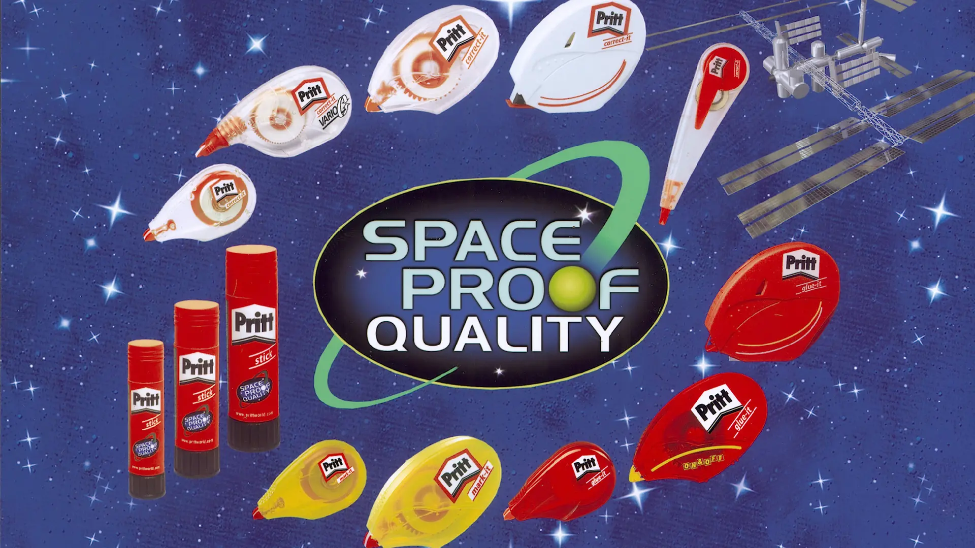An advertisement depicts a range of space-suitable Pritt products. In the background, a spacecraft floats in the space. In the middle it says “Space Proof Quality”.