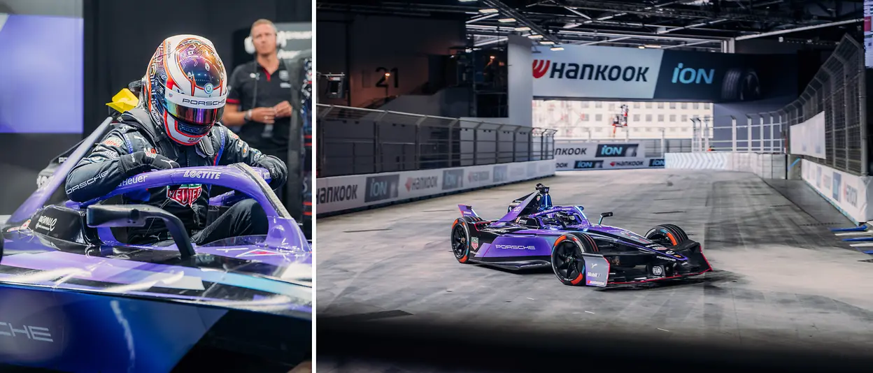 Left: A race car driver emerges from a race car. - Right: A purple race car standing still on a race circuit.