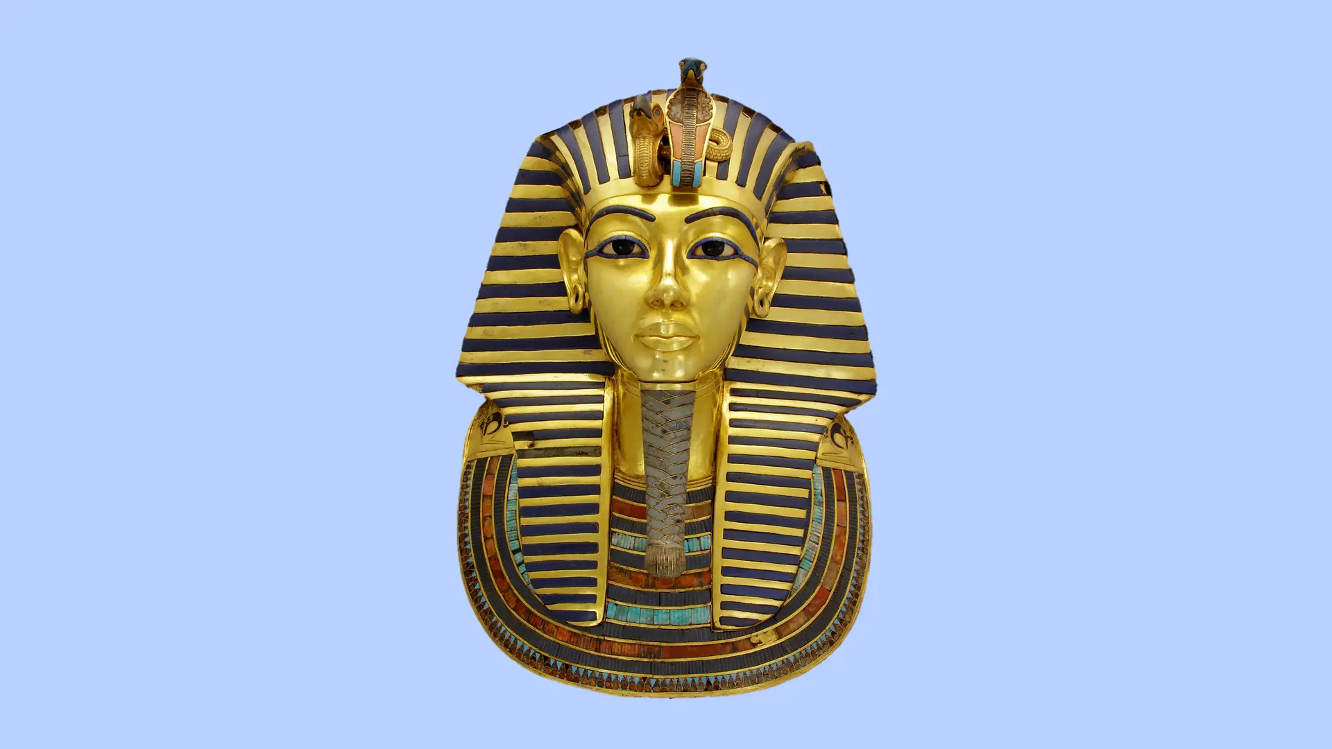 Death mask of the Egyptian pharaoh Tutankhamun on a blue background.