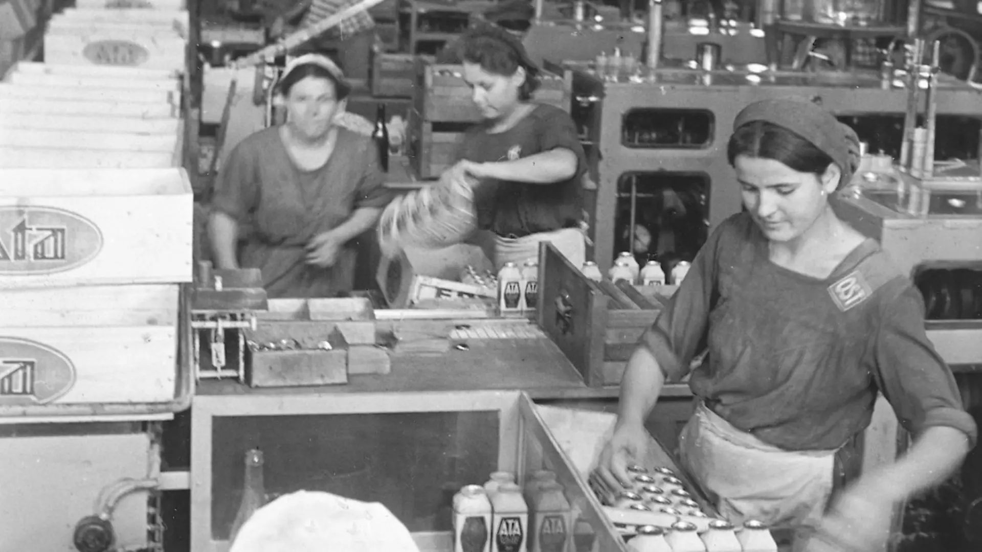 Female Russian forced laborers at the Ata packing plant, packing filled Ata bottles into crates. The women are wearing work clothes and aprons, as well as headscarves tied at the back of their necks.