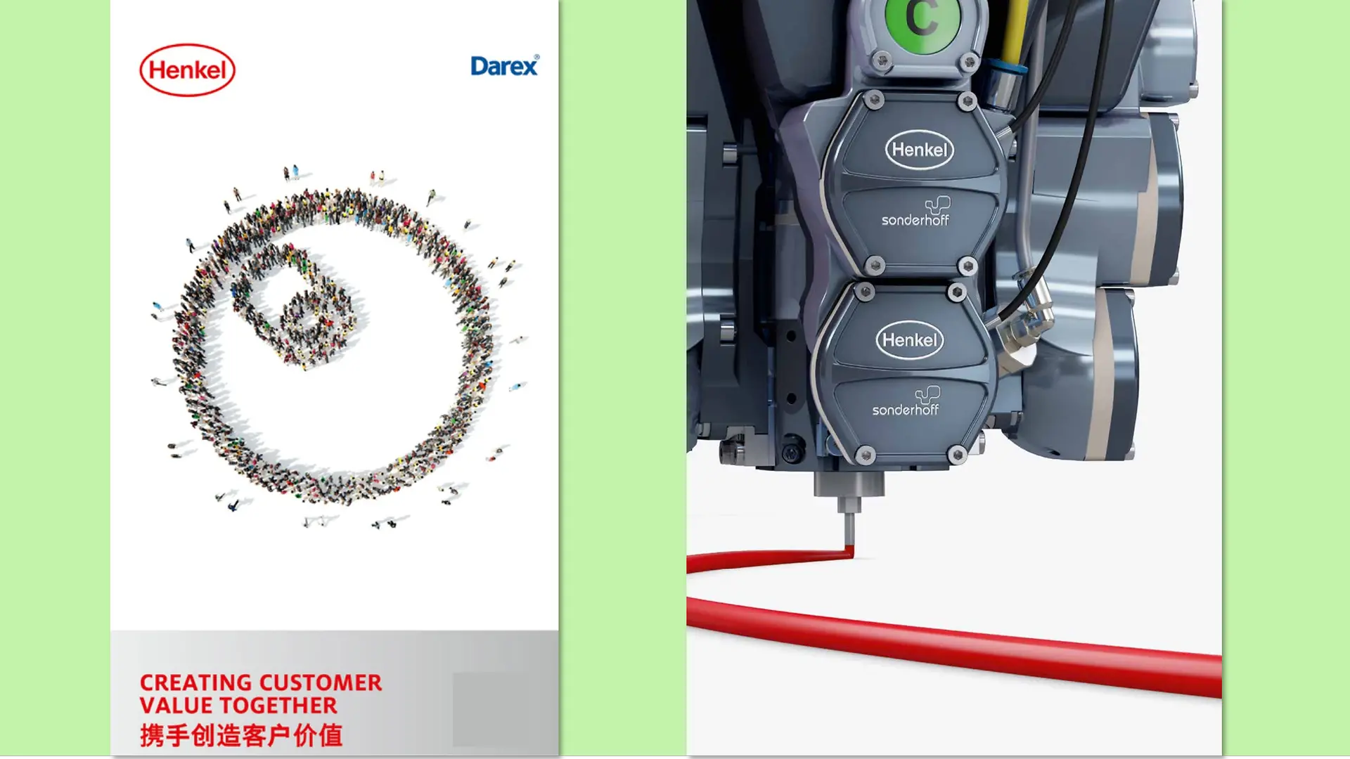 In an advertisement for Henkel's acquisition of Darex Packaging Technologies, a crowd of people – seen from a bird's eye view – forms the shape of a beverage can. To the right is an advertisement for Sonderhoff Holding, in which the Sonderhoff and Henkel logos are displayed on the engine block of a car.