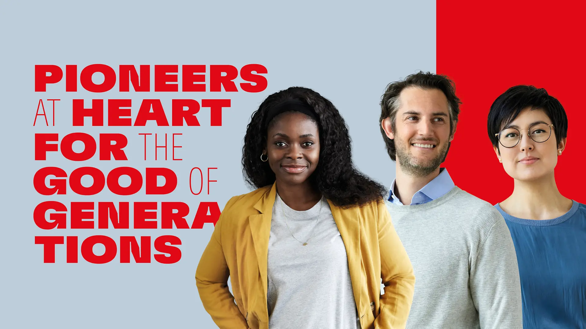 Henkel's corporate purpose, “Pioneers at heart for the good of generations,” is written in red letters on a light blue background. Three people are positioned to its right.