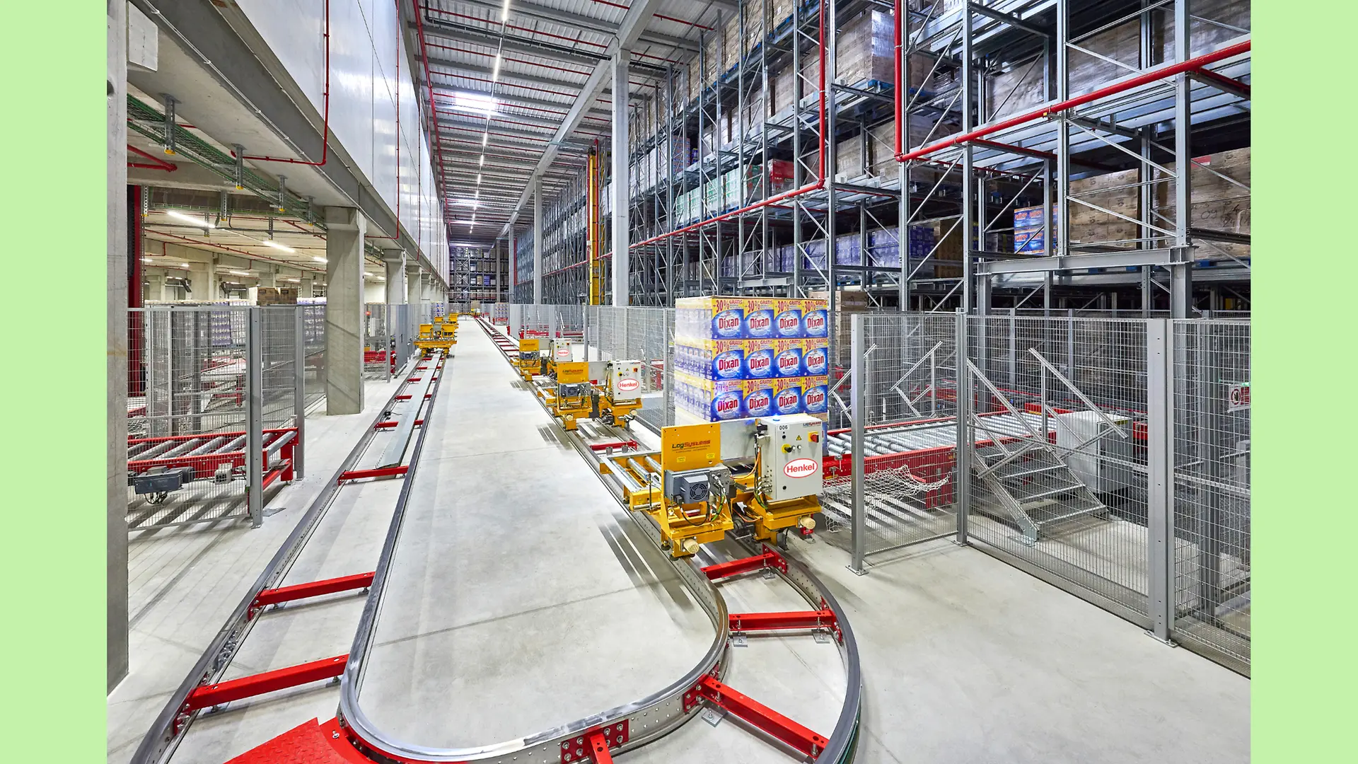 Automated vehicles transporting goods inside Henkel’s logistics center in Montornès del Vallès.