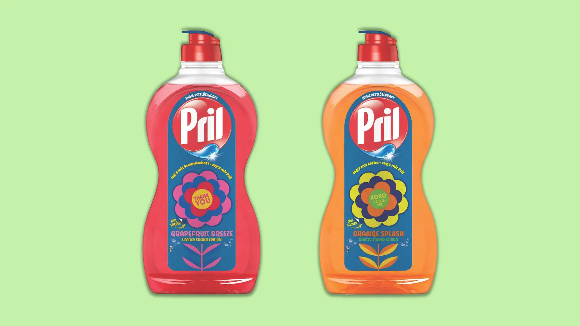 Two bottles of a special edition of Pril from 2025 featuring the iconic Pril flower design.