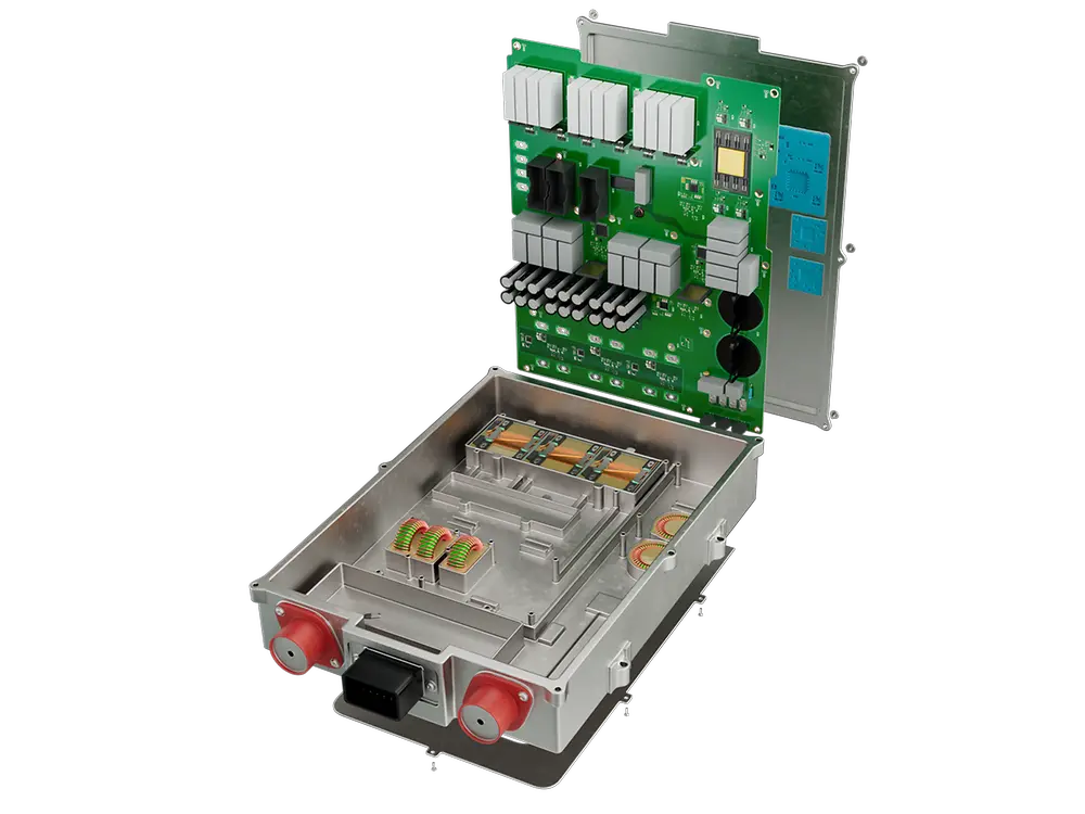 
Graphic illustration of an integrated power conversion unit featuring thermal potting applications.