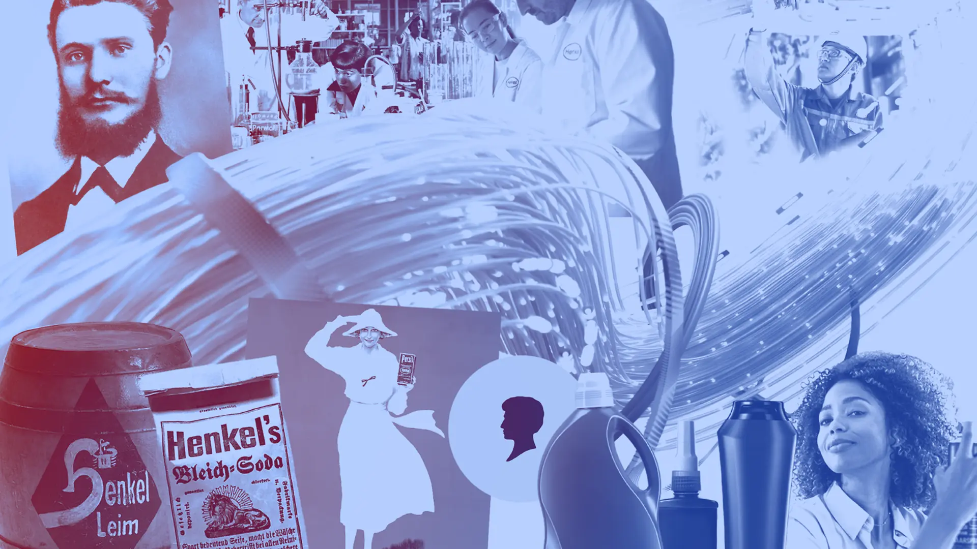 Collage of vintage Henkel products, detergent bottles, lab workers, and historical advertisements in blue tones.